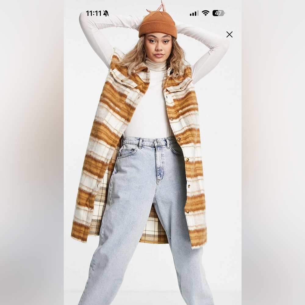 longline sleeveless shacket in cream & brown check - Asos